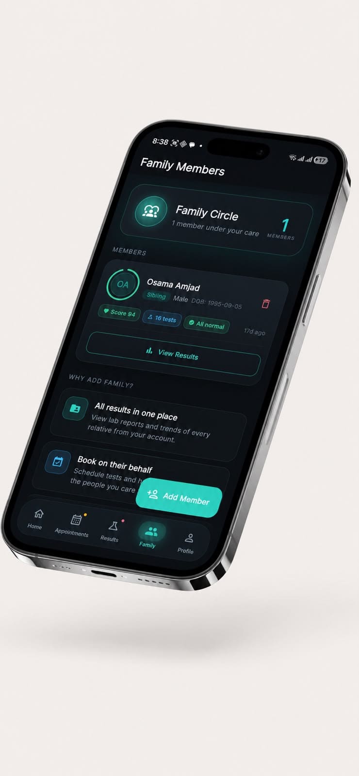 The Family tab in the PulsingLabs app, one relative under your care with results and health score
